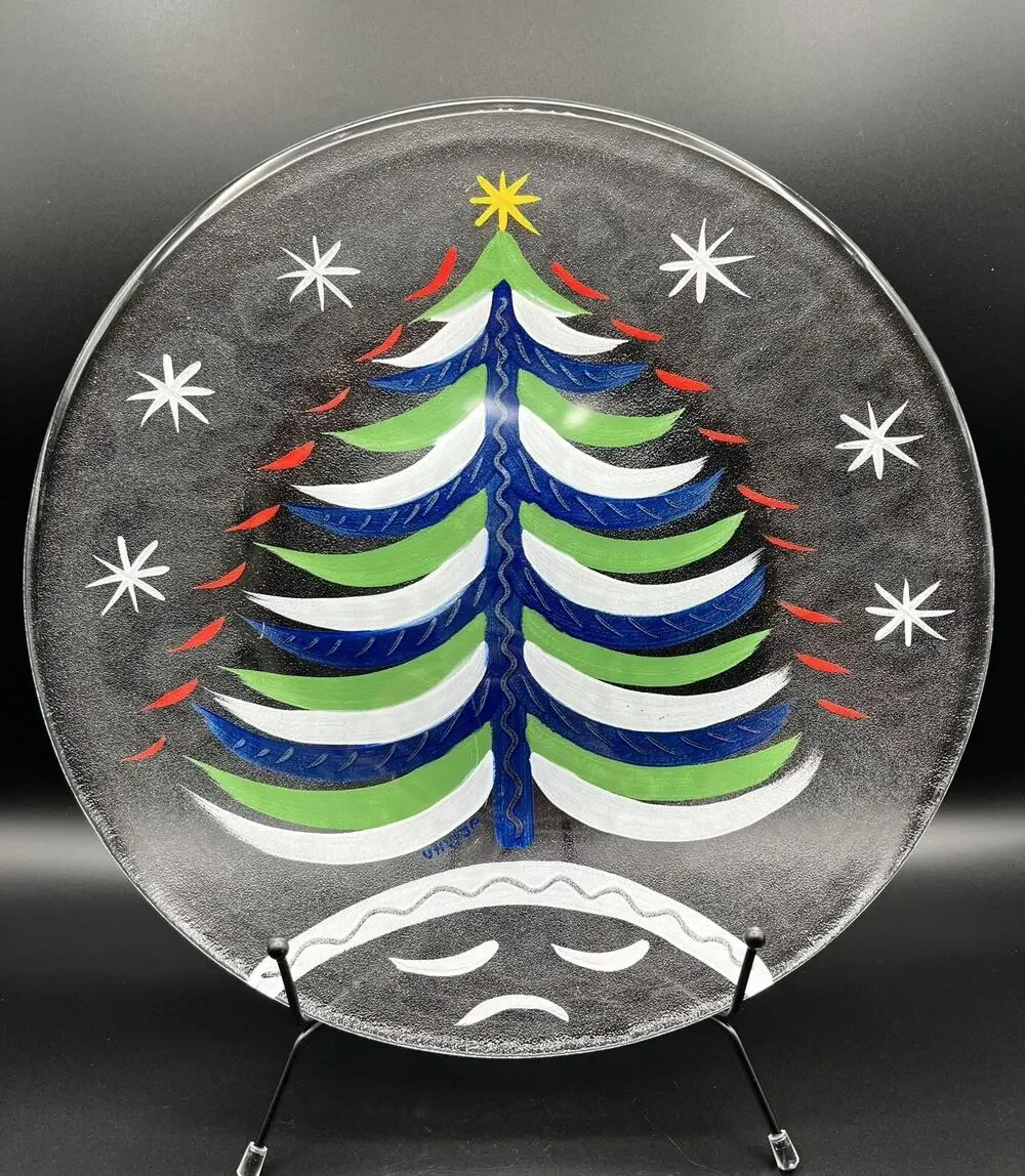Kosta Boda Hand Painted Christmas Tree Platter 13” Signed Ulrica Hydman-Vallien